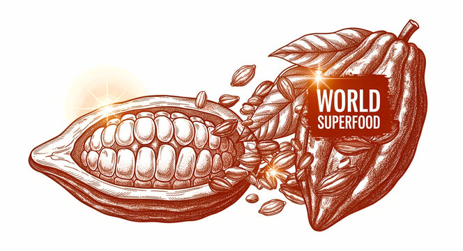 Hand-drawn vintage engraving of cocoa pods and beans. Detailed illustration showing a sliced open cacao fruit with seeds and leaves. Organic food concept for superfood packaging and branding.