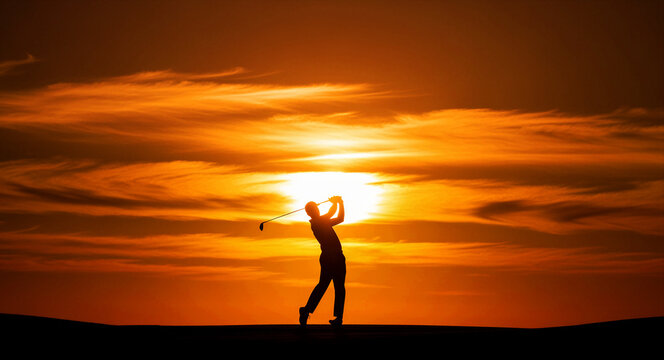 Silhouette of a male golfer swinging a club against a vibrant sunset. Player practicing at dusk on a course with dramatic orange clouds. Sports lifestyle concept, ideal for tourism marketing.