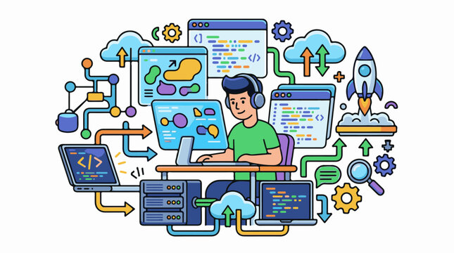 Developer coding on computers with cloud computing and rocket launch