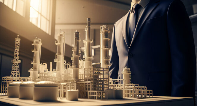 Businessman in suit standing behind a detailed white industrial plant model. Executive overseeing a prototype for a new factory project. Engineering investment and corporate strategy concept.