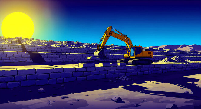 Yellow excavator building a stone wall in a desert at sunset. Heavy machinery moving blocks to construct a terraced structure. Construction concept, ideal for infrastructure and industry themes.