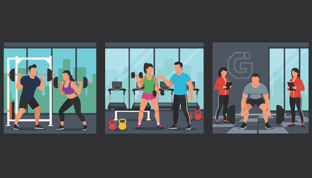 Gym workout panels show athletes performing barbell squats, dumbbell curls, and deadlifts under guidance of personal trainers.