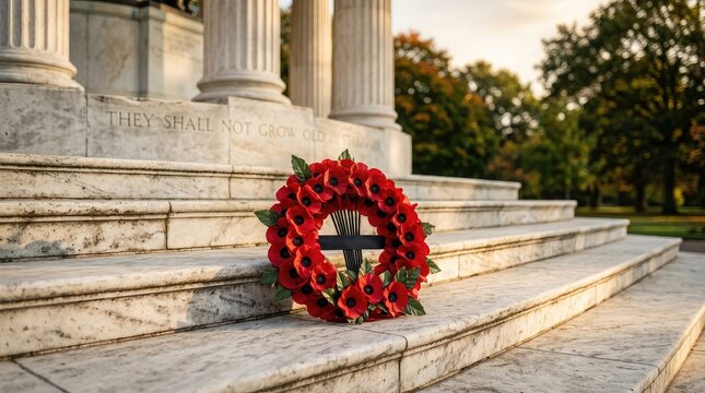 Remembrance day wreath at war memorial honoring veterans and sacrifice