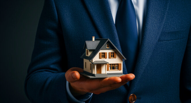 Businessman holding a small house model. Real estate agent presenting a residential property miniature. Mortgage and insurance concept, ideal for banking and property marketing campaigns.