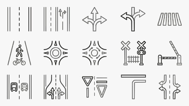 Professional Minimalist Black and White Road Signs and Traffic Symbols Icon Set for Designers and Developers