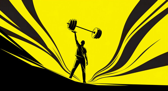 Silhouette of a man lifting a barbell with one hand on a yellow background. Abstract vector illustration of a strong athlete. Motivational fitness concept for gym branding and sports marketing.