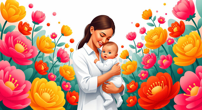 Mother holding her newborn baby lovingly in her arms surrounded by colorful flowers. Young parent smiling at her infant child in a vibrant floral setting. Motherhood and new life concept.