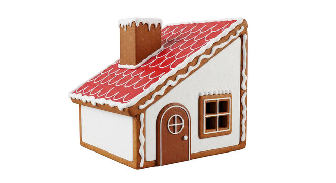 Small gingerbread house icon with a red roof and a brown door for holiday design isolated on transparent background