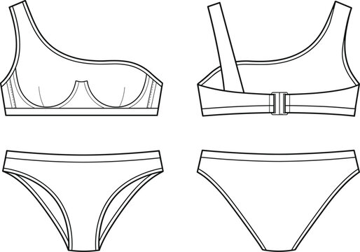 Womens asymmetrical one shoulder bikini set underwire bra top high leg briefs fashion flat sketch vector front back view