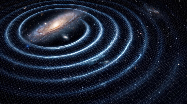 Gravity waves warping space time grid around massive spiral galaxy in deep cosmic void illustrating physics laws.