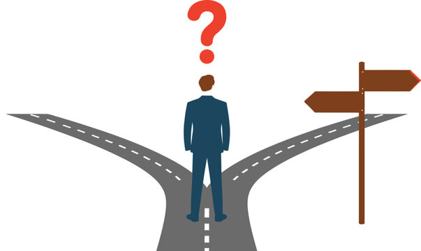 Businessman standing at crossroads with question mark, decision making concept vector illustration, choosing between two paths and career options
