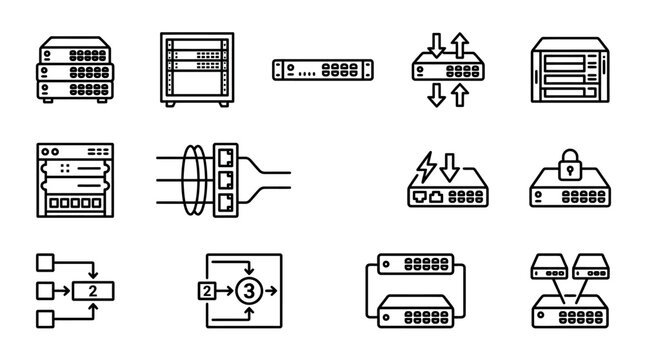Network Equipment Icons: Servers, Routers, Switches, Cables, and Diagrams
