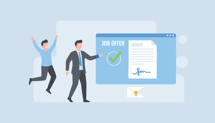 Obraz premium Excited candidate jumping with joy while his colleague points at a successful job offer letter displayed on a digital screen.