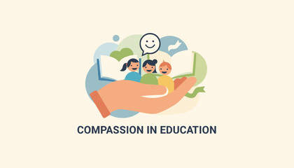 Fototapeta premium Gentle hand holding diverse young children in front of open books to represent love and compassion in education.