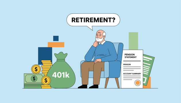 Thoughtful senior man sitting in his armchair and planning his retirement budget next to a pension statement and 401k bag.