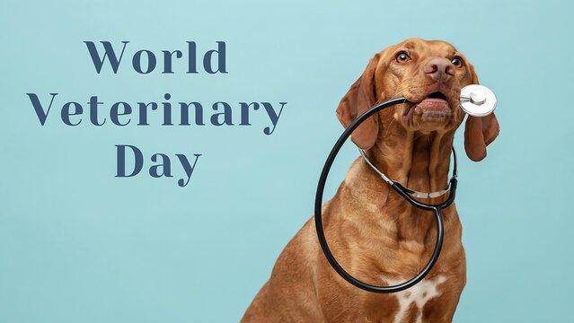 World veterinary day conceptual image featuring a vizsla dog with stethoscope