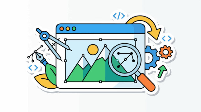 Digital design process with tools code and magnifying glass