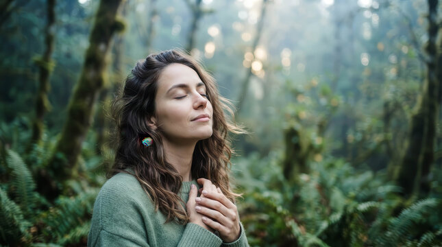 Young woman with closed eyes standing peacefully in a lush forest, embracing mindfulness and deep breathing. Concept of meditation, wellness, inner peace, nature connection and relaxation.