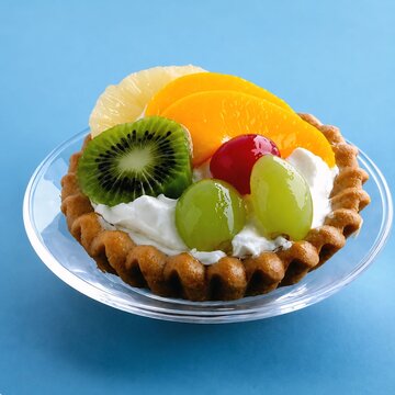 Fresh Mixed Fruit Tart with Whipped Cream on Glass Plate Blue Background