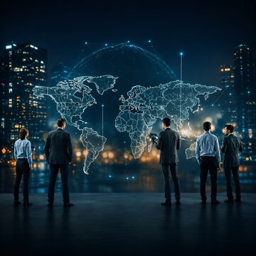 Global Business Team Analyzing Digital World Map and International Network Connections
