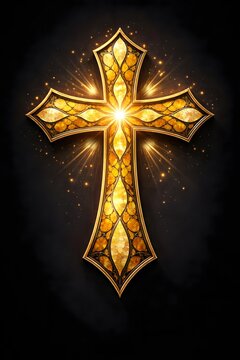 Ornate golden cross with radiant glowing center and intricate gemstone texture on dark background symbolizing faith and spirituality with dazzling light effect