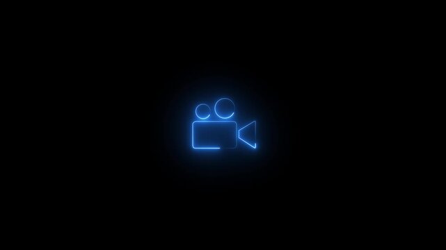 Glowing neon camera icon isolated and film .Social media video camera icon on black background.