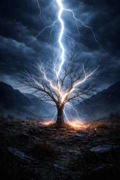 Dramatic lightning strike hitting a lone barren tree in a dark stormy mountainous landscape during night with electric sparks and glowing ground around the base
