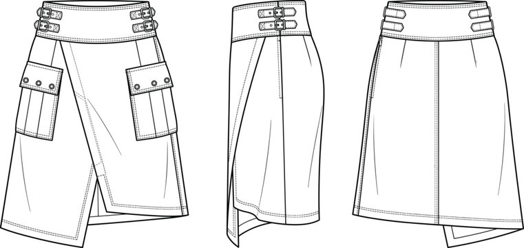 Womens utility wrap skirt high waist double buckle cargo pockets asymmetric hem fashion flat sketch vector technical drawing front side back view