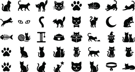 Fototapeta premium Black silhouette cat icons and elements collection for design projects