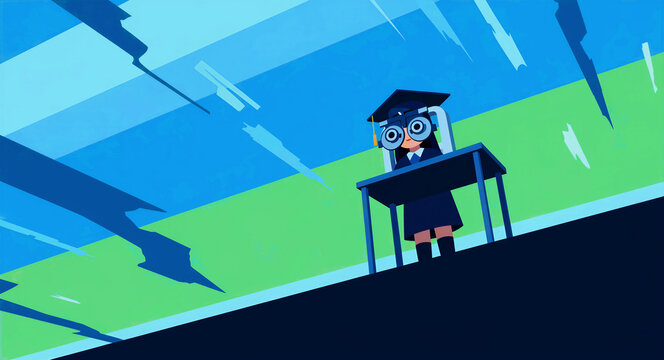Student in graduation cap and gown looking through an eye exam machine. Stylized 2D illustration of a graduate undergoing optometry testing. Concept of vision and foresight for future careers.