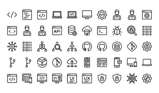Coding Web Linear Icon Set with Programming Software Development API and Developer Editable Stroke Vector
