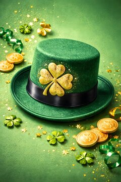 Green felt hat with gold shamrock decoration and black band surrounded by golden coin, four leaf clover, star confetti, and green curl ribbon on green background
