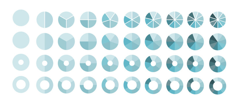 Pie chart set. Colorful diagram collection with 2,3,4,5,6,7,8,9,10 sections or steps. Segment slice sign. Circle section graph. Pie chart for infographics, data analysis, business , UI, web.