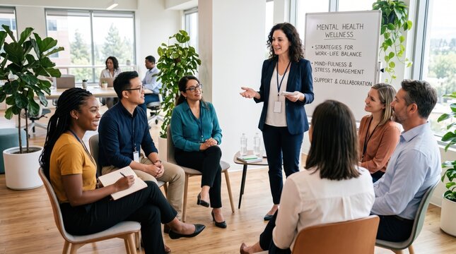 Diverse group of employees attending mental health wellness workshop led by female trainer discussing stress management strategies, work life balance support in modern bright of...