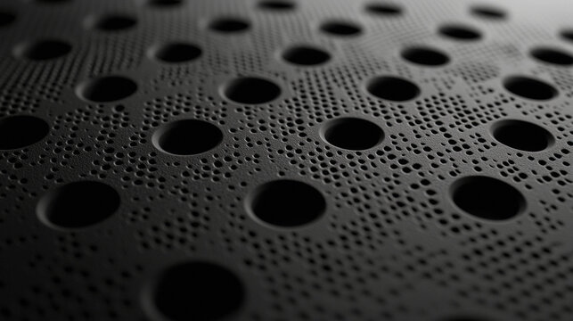 Black matte rubber surface with perforated circular pattern and water droplets