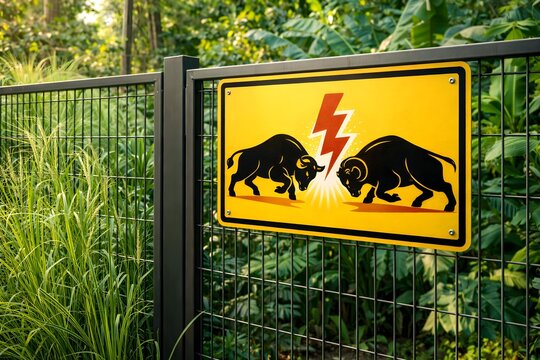 Yellow warning sign with two black bull silhouettes headbutting and red lightning bolt on metal fence surrounded by green plants and tall grass outdoors