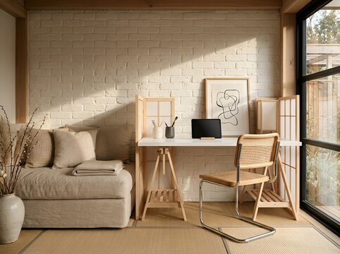 Japandi Home Office Corner with Wooden Trestle Desk, Rattan Chair and Cozy Sofa in Sunlit Minimalist Room