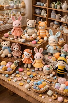 Handmade crochet animal doll collection displayed on wooden table with colorful yarn balls baskets and cozy rustic home interior background for craft hobby