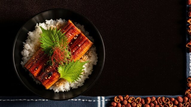 Close up of authentic Japanese Unagi Kabayaki grilled eel over sushi rice with indigo cotton and sansho pepper, featuring a deep brown background with warm golden hour sidelight and dark copy space.
