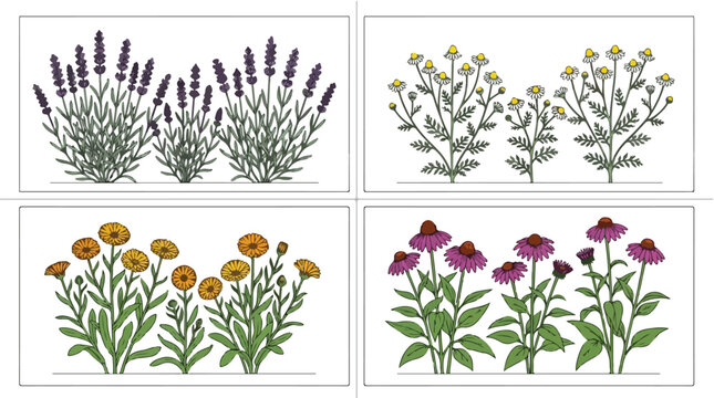 Vintage botanical herb collection, lavender and chamomile vector illustrations, calendula and echinacea floral set, medicinal garden plants isolated PNG with Transparent Background