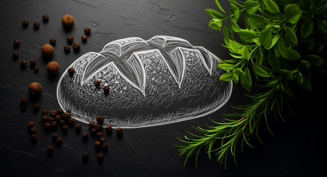 Chalk drawing of an artisan bread loaf on a dark slate background. Fresh green herbs and whole peppercorns surround the hand-drawn bakery illustration. Concept for menu design and rustic branding.
