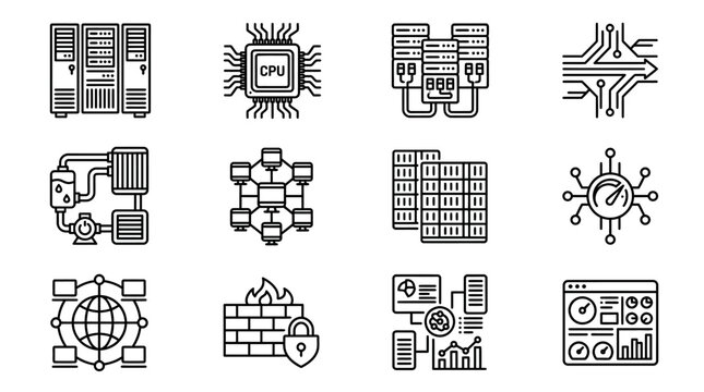 Technology Icons: Servers, CPU, Network, Firewall, Data Center, Circuit Board