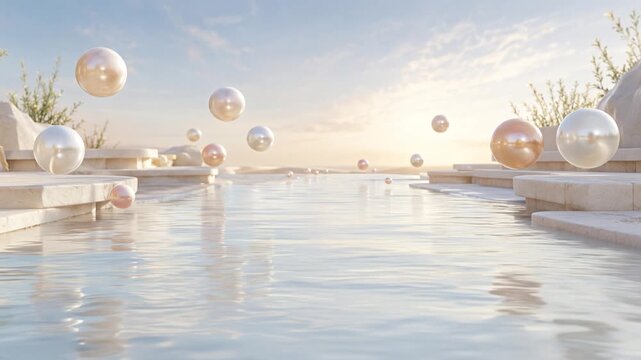 Pearl Spheres Floating over Water at Sunset Motion Background
