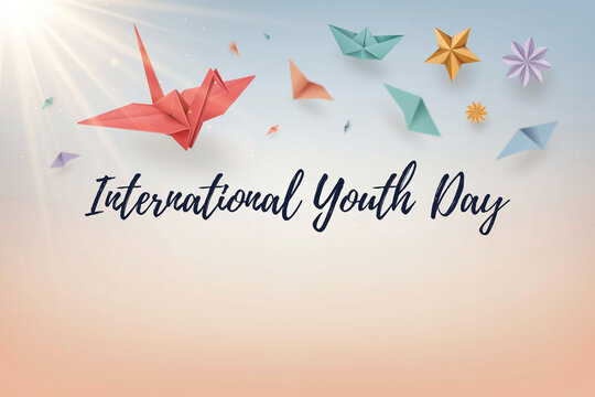 International Youth Day origami background with colorful paper cranes and stars