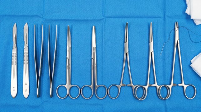 Surgical instruments set on blue sterile drape, medical tools for operation room, scalpels, forceps, scissors, needle holder arranged neatly