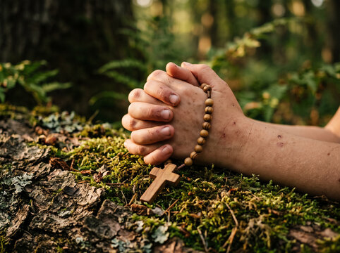 Clasped hands holding a wooden rosary during a moment of silent prayer in a tranquil forest with soft natural lighting and texture.