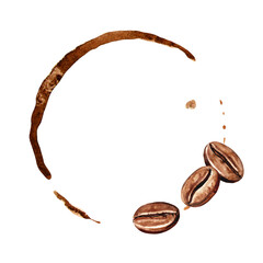 Coffee cup stain ring with coffee beans. Original Hand drawn watercolor illustration, isolated on white background © dariaustiugova