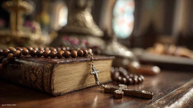 Rosary with crucifix on antique book for religious concept