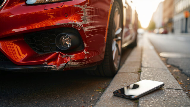 Scratched red car bumper parked on city street. Smartphone lying on curb near vehicle after collision. Distracted driving and insurance claim concept for automotive safety marketing.