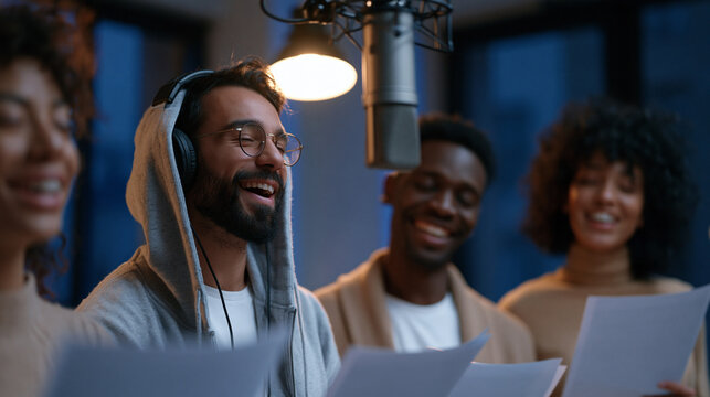 Voice actors of varied backgrounds recording around a suspended microphone in a twilight-lit studio, scripts in hand, faces animated with character emotion, the multicultural